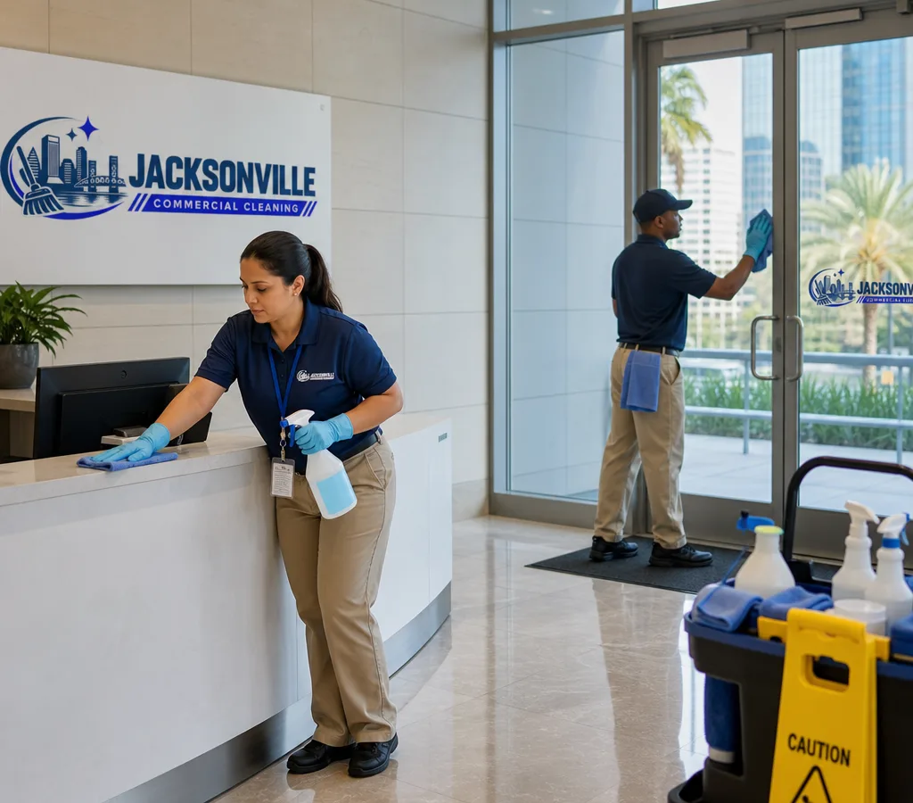 Early-morning commercial cleaning crew disinfecting lobby touchpoints in a Jacksonville office building