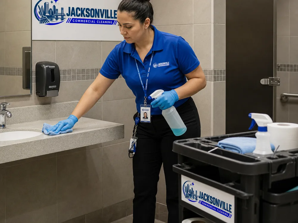 Technician disinfecting fixtures and restocking supplies in a commercial restroom
