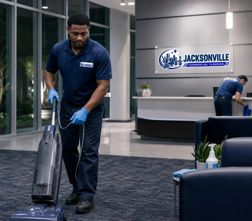 Professional commercial cleaner working in a modern Jacksonville office lobby after hours