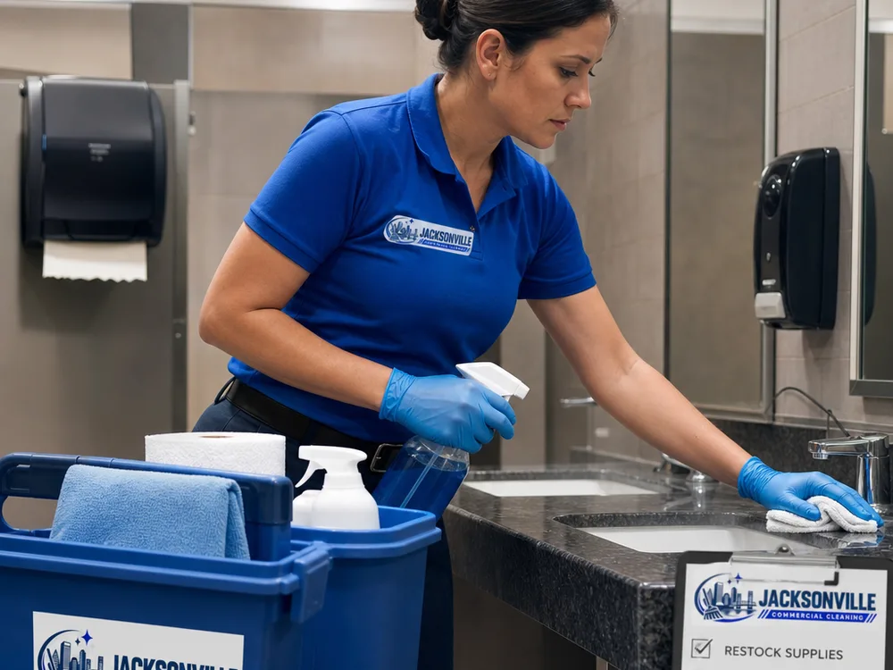 Cleaner restocking supplies and disinfecting fixtures in a commercial restroom with a checklist visible