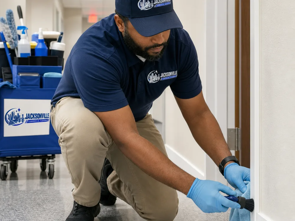 Technician detail-cleaning baseboards and door frames in a commercial hallway