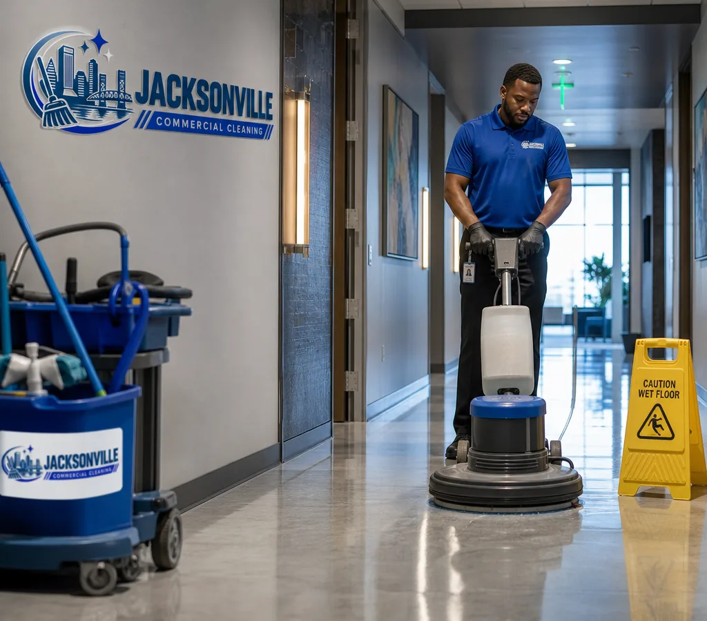 Professional janitorial team member disinfecting a modern Jacksonville office hallway with floor care equipment and safety signage