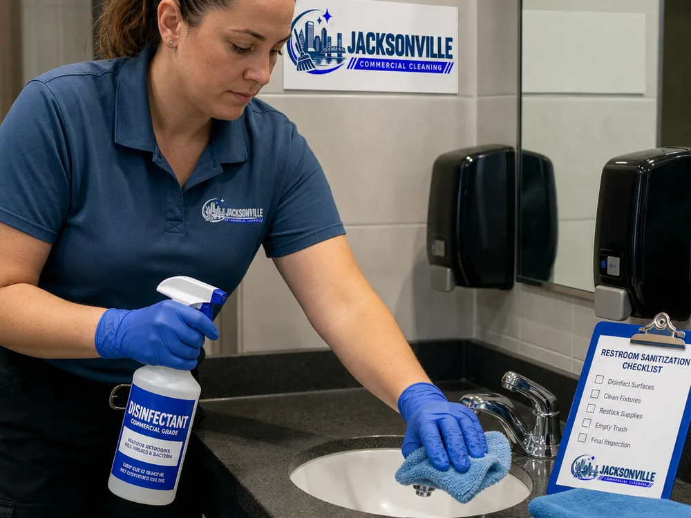 Cleaner sanitizing a commercial restroom with labeled disinfectant, color-coded microfiber cloths, and a checklist
