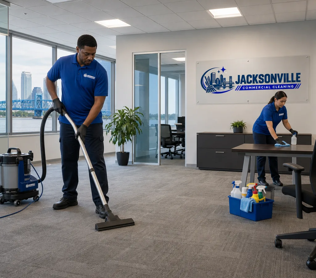 Commercial cleaners vacuuming and wiping high-touch surfaces in a modern Jacksonville office suite