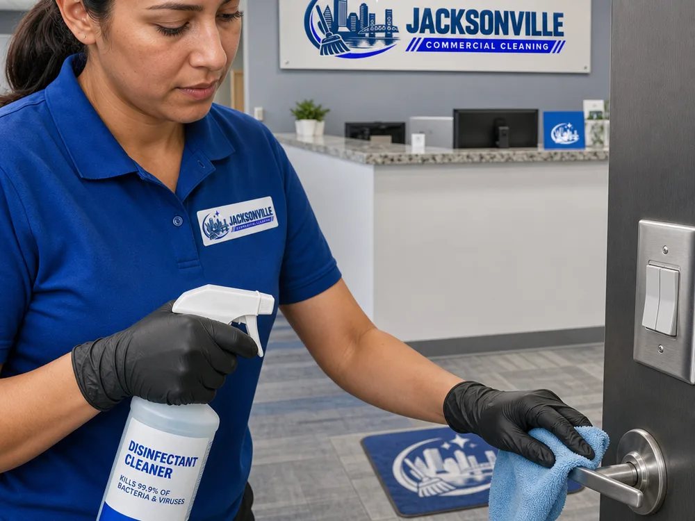Cleaner disinfecting office door handles, switches, and reception surfaces with labeled products